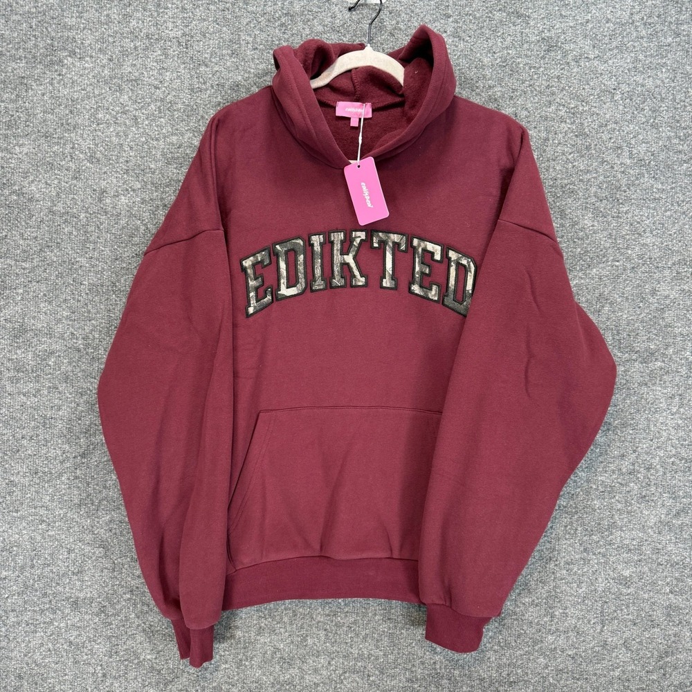 Edikted Hoodie Women Large Burgundy Logo Graphic Oversized Pullover Fleece NEW‎